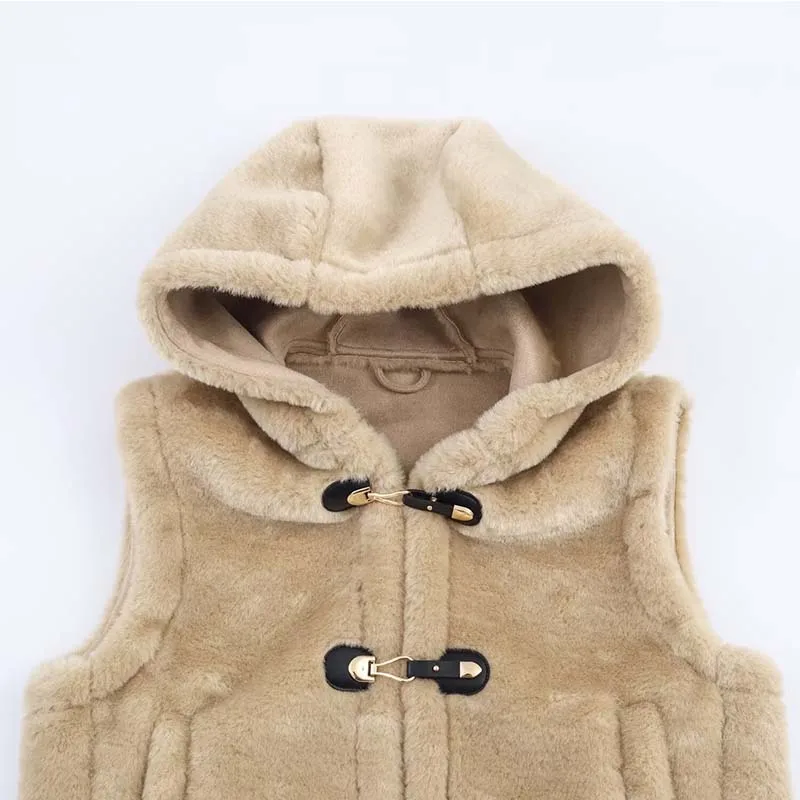2025 Women Fleece Vest Fashion Rope Knot Buckle Vests Coats Women Casual Loose High Street Hooded Waistcoat New Outerwear