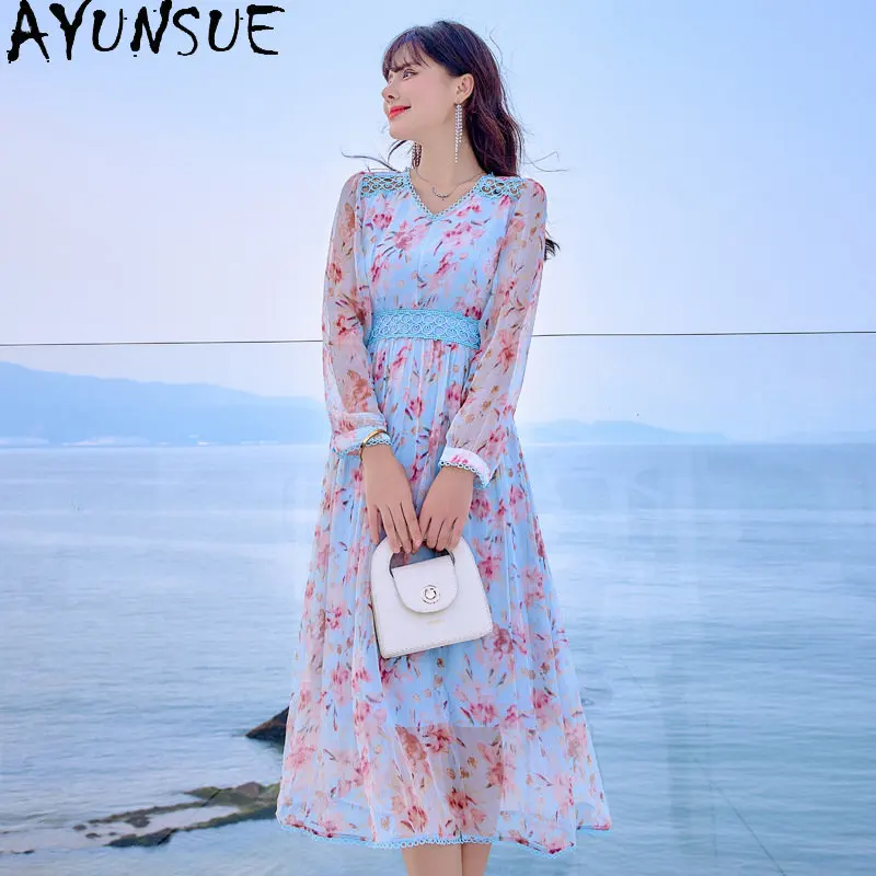 

95% Mulberry Real Silk Summer Dress Fragmented Floral Fairy Dress for Women Fashion Long Dresses for Women Long Sleeved Vestidos