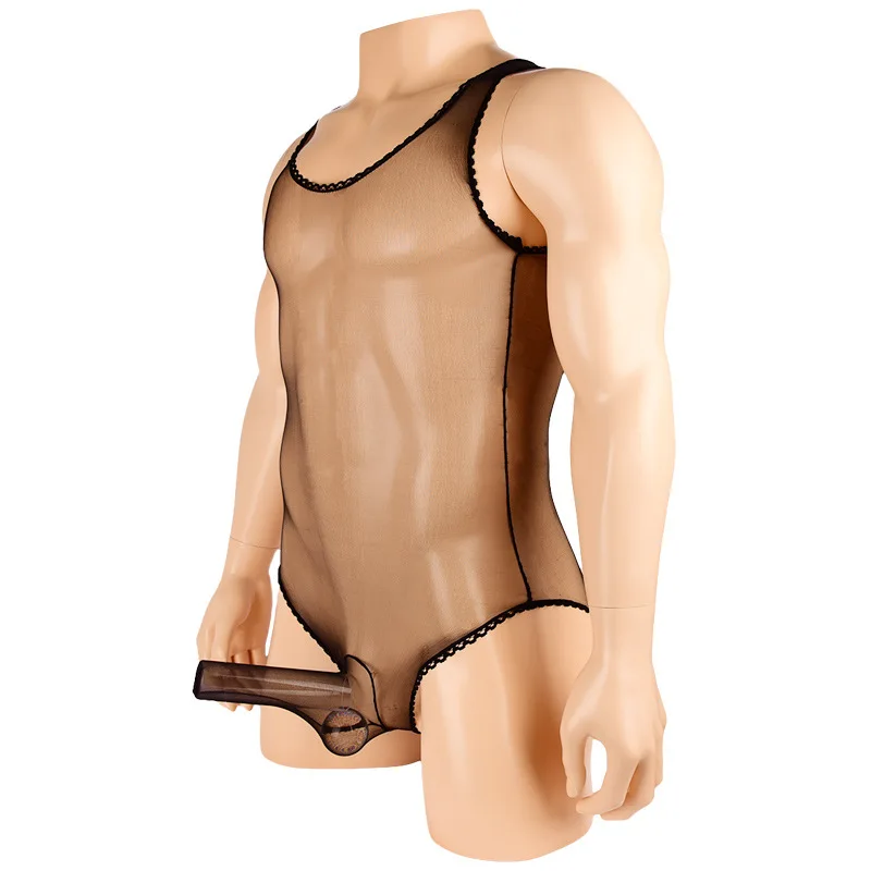 Sexy Men One-piece Bodysuit Sheer Mesh Transparent Lingerie High Cut Thong Leotard Jumpsuit Tank Wrestling Singlet Bodysuit