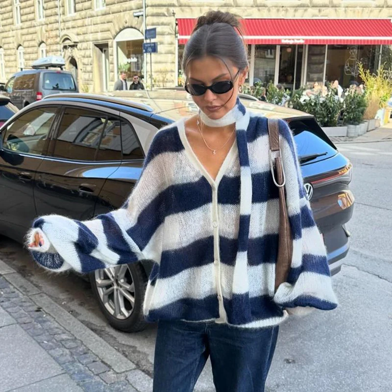 Loose Mohair Striped V-neck Cardigan Women With Scarf Fashion Lantern Sleeve Single Breasted Knitwear Casual Lady New Streetwear