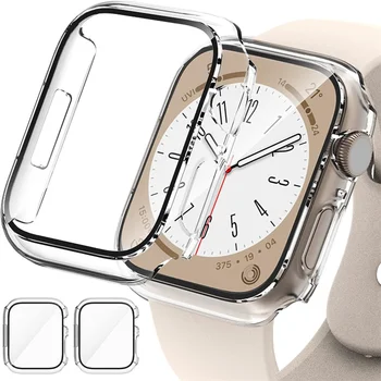 애플 워치용 강화 유리 및 커버, PC 범퍼 스크린 보호대 케이스, 아이워치 시리즈 9, 8, 7, 6, SE, 5, 3, 44mm, 40mm, 45mm, 41mm, 42mm, 38mm