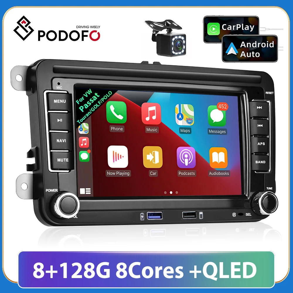 Podofo 2 DIN Radio de Coche Android Carplay Android Auto Hi-Fi