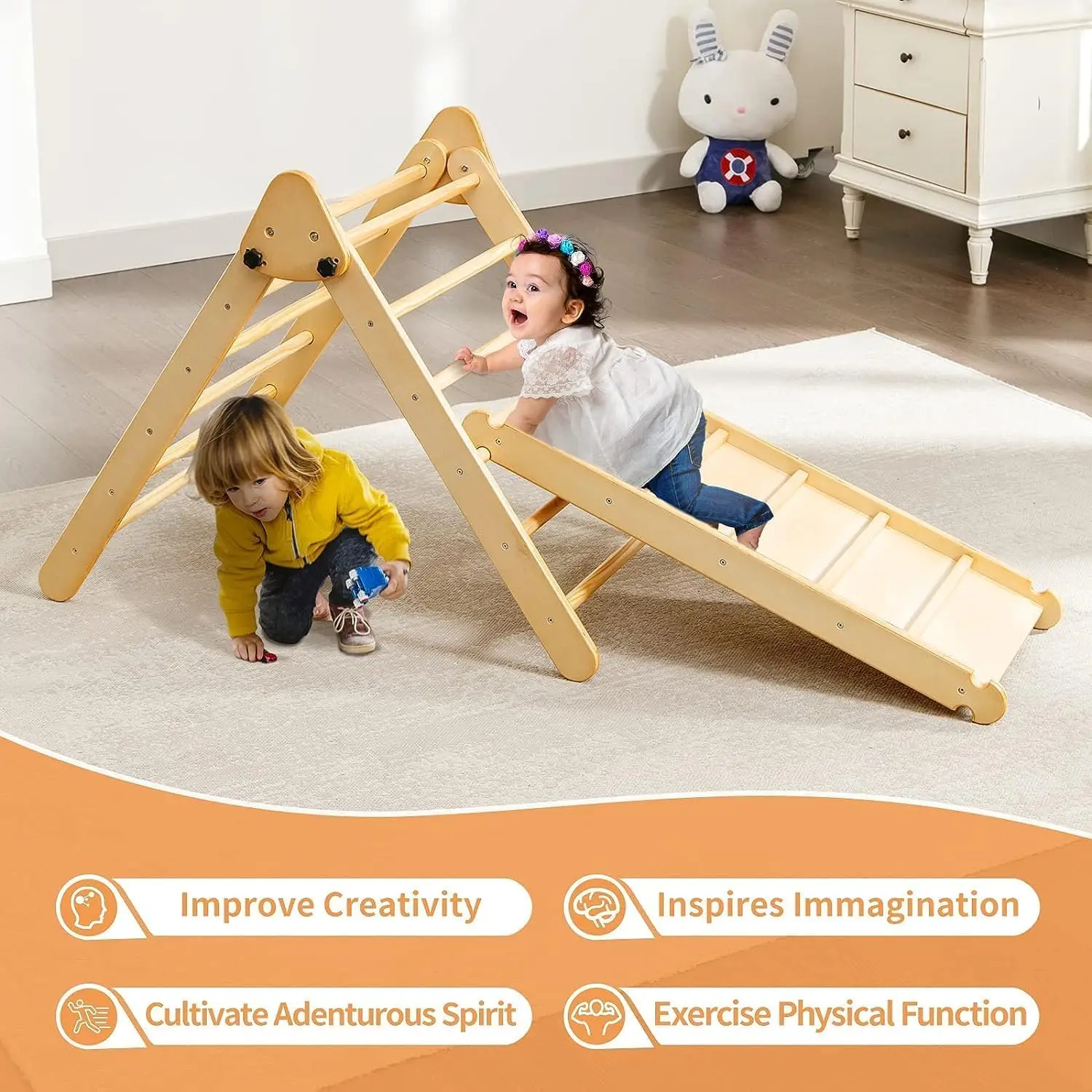 5 in 1 Pikler Triangle Set Wooden Montessori Climbing Set Inside Foldable with Ladder Ramp Arch Rocker and Slide Climbing Toys 6