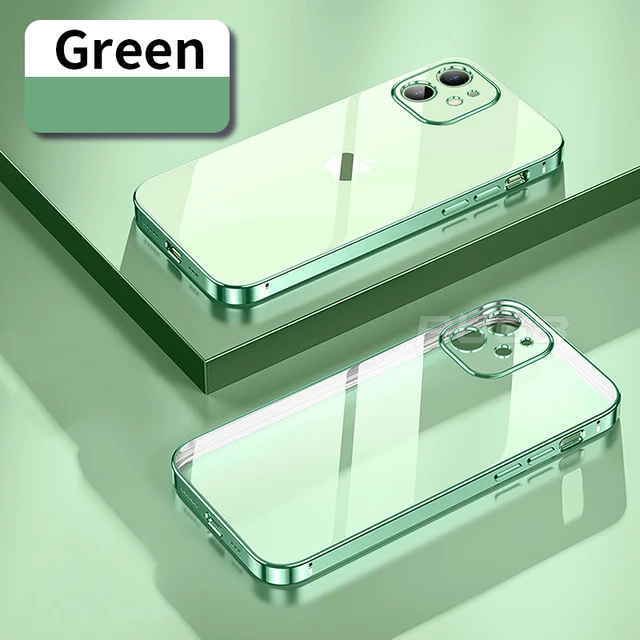 Luxury Soft Silicone Case for iPhone 13 12 11 Pro Max mini XR X XS Plating Square Frame Shockproof camera protect Clear TPU case Green