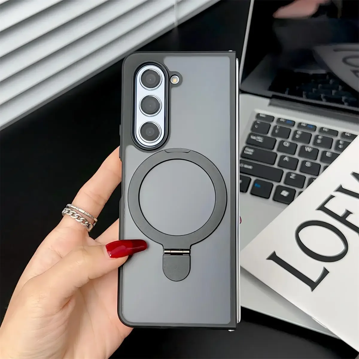 For Samsung Galaxy Z Fold 5 4 Magsafe Case Translucent Matte Kickstand Magnetic Holder Wireless Charging Shockproof Hard Cover