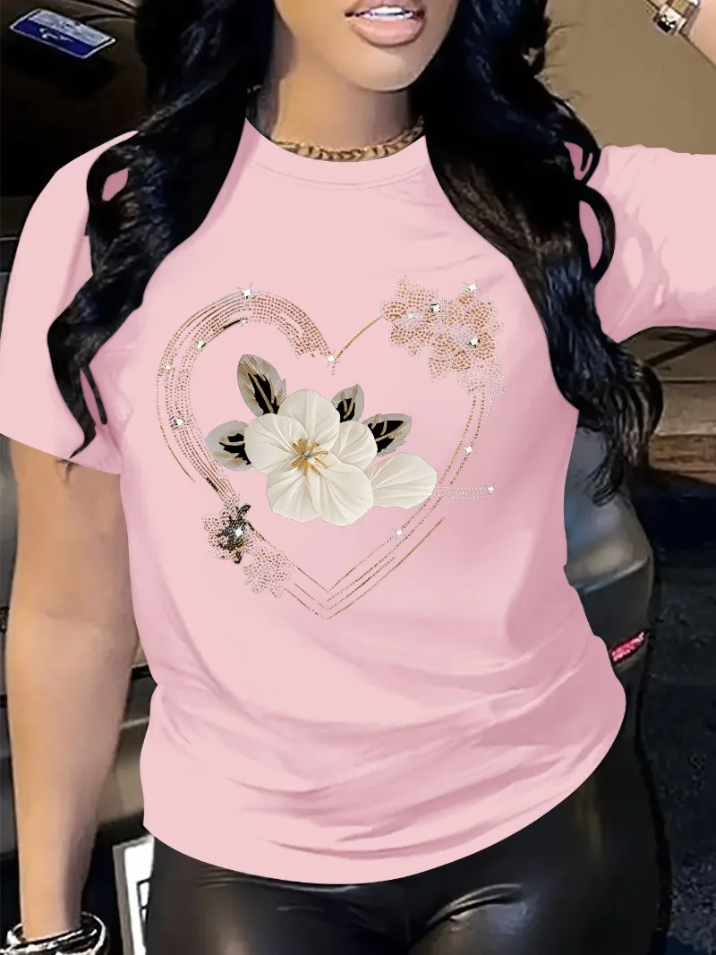 Women's Casual Short Sleeve T-Shirt Comfort Fit with Heart Floral Print Simple Design Showing Natural And Elegant Style S621ca2e08f884b1fa66d147265f12d847