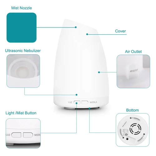 아로마케어 에센셜 오일용 아로마테라피 쿨 미스트 가습기, 7 가지 색상의 조명 BPA 프리 홈 오피스 룸 5
