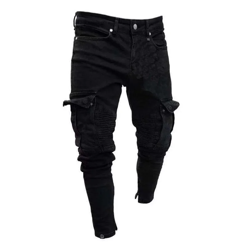 Multi-pocket Patchwork Slim Fit Jeans Men Washable Black Denim Pants Casual Trend Streetwear Male Chic Leg Zips Pencil Trousers