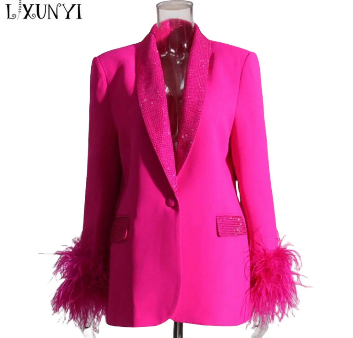 LXUNYI Rose Feather Patchwork Design Ladies Blazers Jacket Autumn New Long Sleeev Luxury Rhinestone Diamond Slim Fomal Coat luxury moroccan style caftan decorative belt hollow design rhinestone inlaid ladies wedding dress waist chain jewelry gift