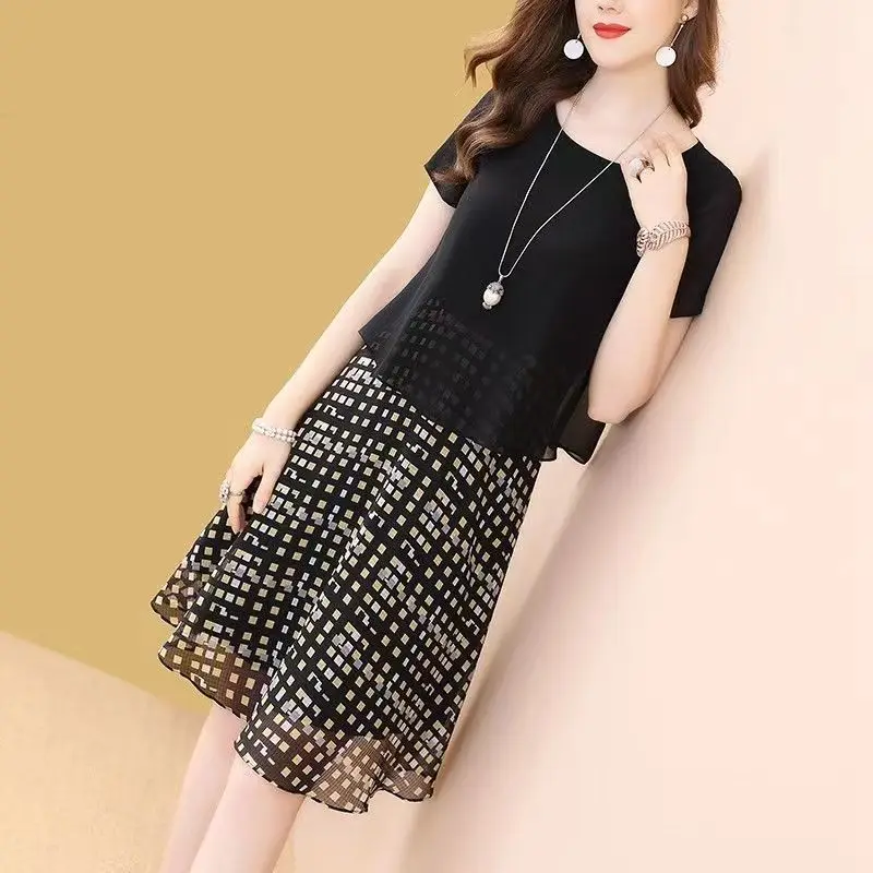 

New Fashion Patchwork Elegant Dress Women Summer Korean Style Regular Short Sleeve Chiffon Dress Female Elegant Dress V49