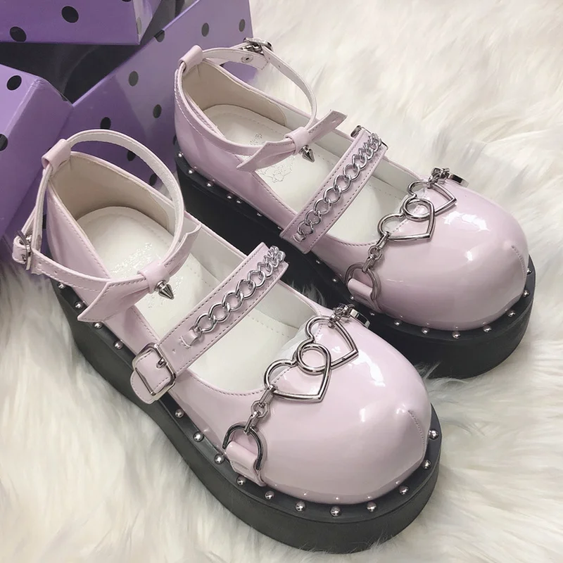 2022 Brand New Sale Block Heels Buckles Heart Platform Black Gothic Girls Cosplay Lolita Mary Janes Pumps Size 43 Women Shoes |