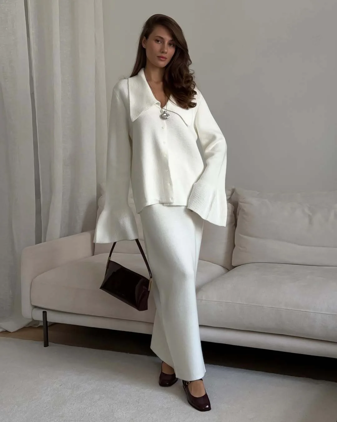 Hirsionsan Sexy Soft Elegant Vintage Women Suits 2 Pieces Female Sets Polo Neck Cardigan Sweater & Midi Dress Knitted TrackSuit Image 19