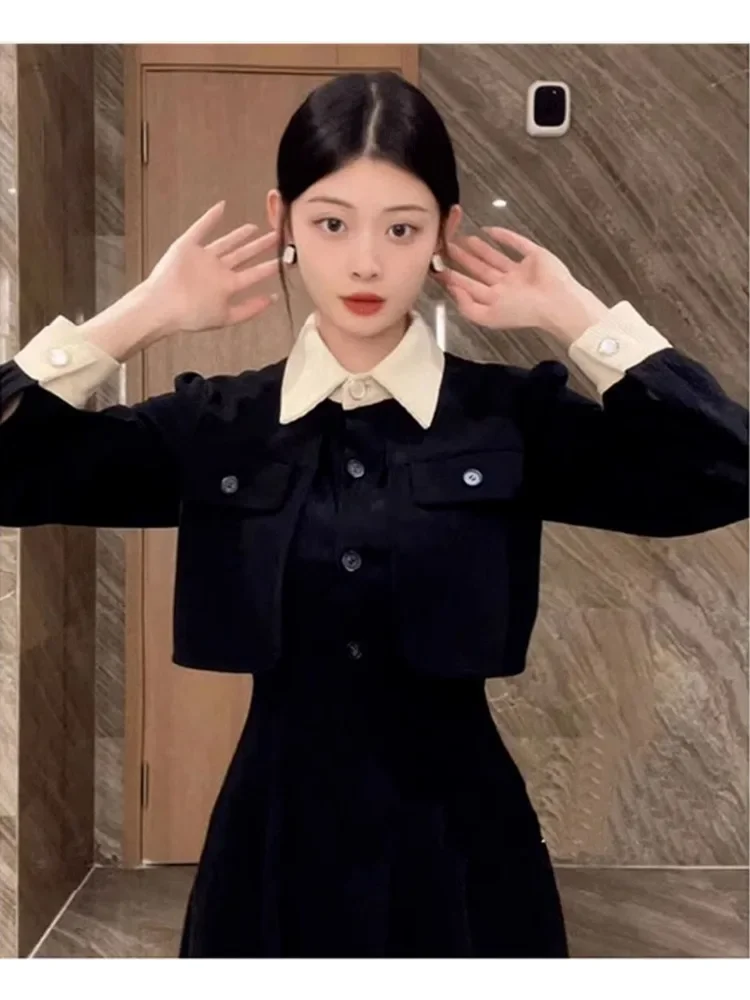 

Women's Autumn New Black Fake Two Piece Set Dress Korean Retro Spell Color Fashion Elegant Office Lady Robe Slim Party Dresses
