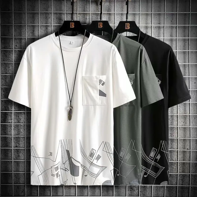 

Summer New Men's Short Sleeve T-shirt Loose Bottom Fashion Men's Printed Patch Pocket Half Sleeve T-shirts