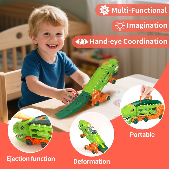 Transport Dinosaur Truck with Foldable Sliding Race Track, Transforms into Standing T-Rex & Trike, Best Birthday Gift for Kids 3