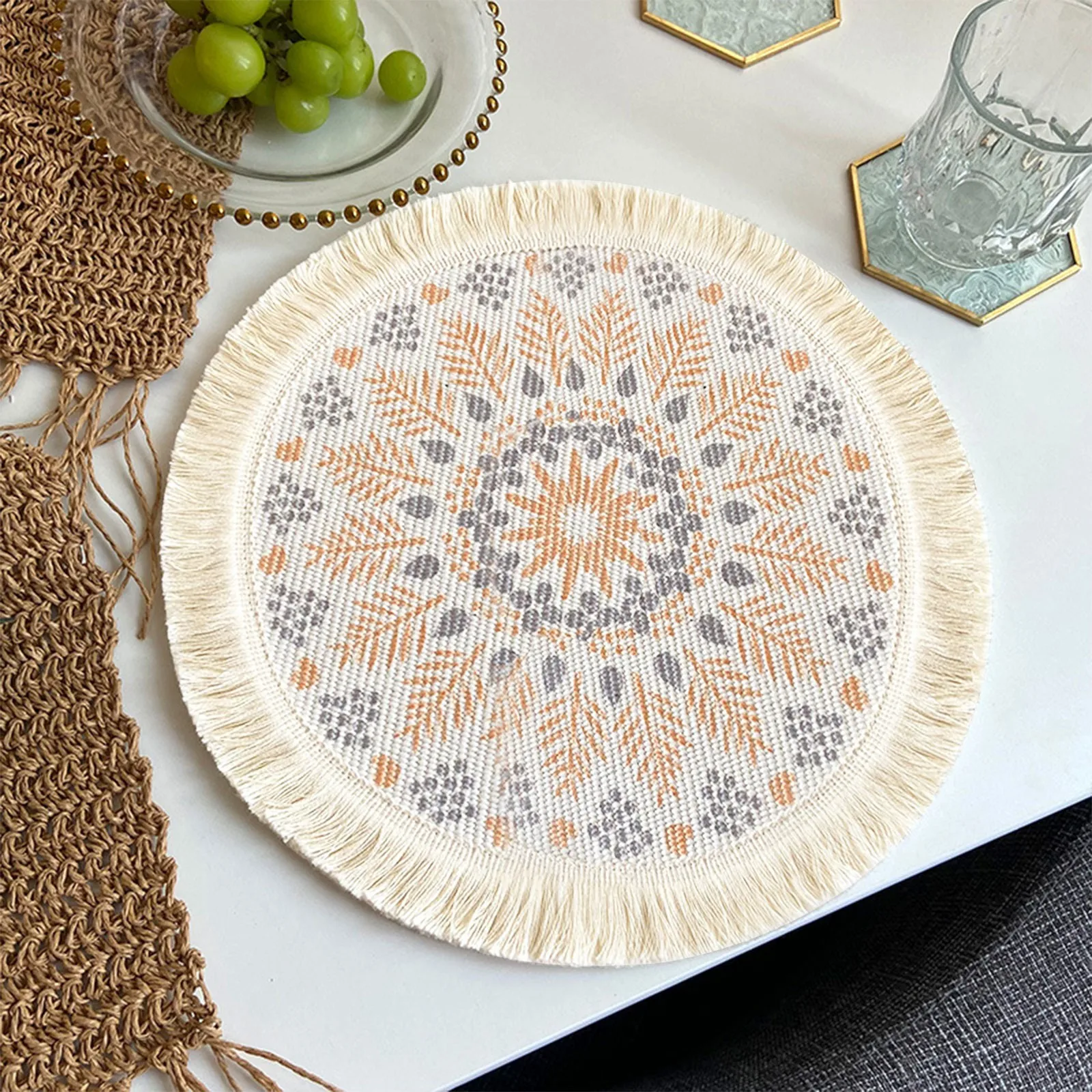 

Glass Dining Table Placemat Luxury Bohemian Style Woven Cotton Meal Pad Fabric Tassel Heat Insulation Pad Anti Scald Pot Pad