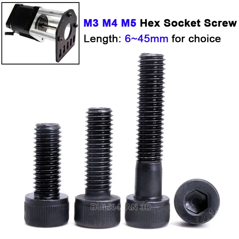 

20pcs M3 M4 M5 Black Carbon Steel Hexagon Hex Socket Cap Allen Head Screw Bolt Length 6-45mm