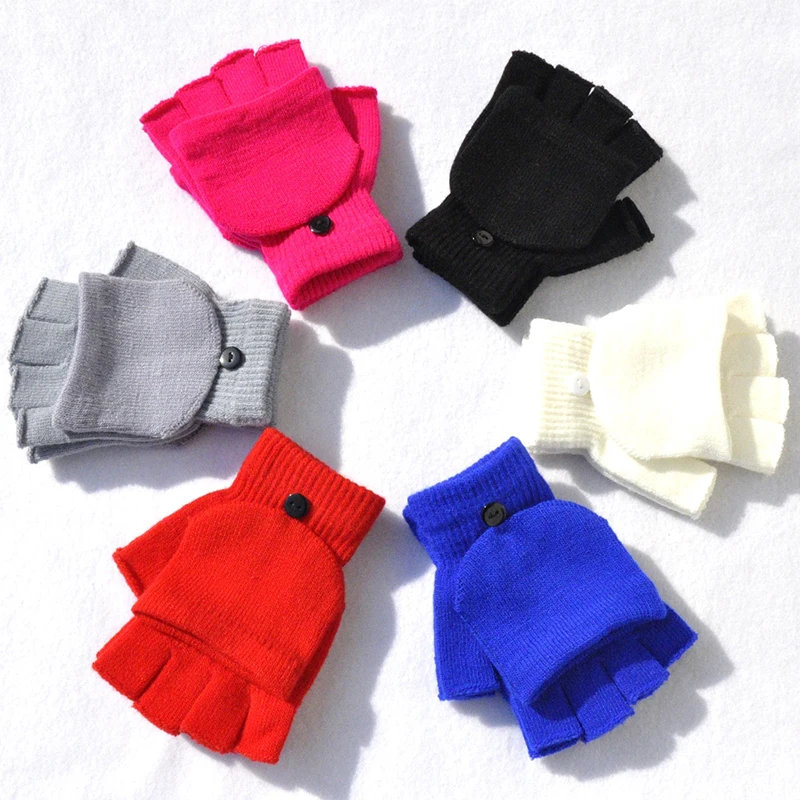 Knitted Flip Cover Gloves Winter Women Men Kids Solid Warmer Gloves Half Finger Girl Mittens Female Lady Cycling Gloves New