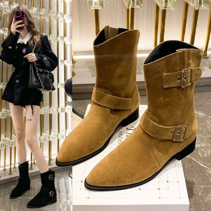 NEW Shoes Female 2024 High Quality Slip-on Square Heel Boots Autumn Fashion Women's Boots Pointed Women's Single Shoes Fashion