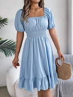 Spring Summer Elegant High Waisted Dress Square Neck Short Sleeved Ruffled Edge Long Dresses 2026 Valentine's Day Woman Clothing - Image 4