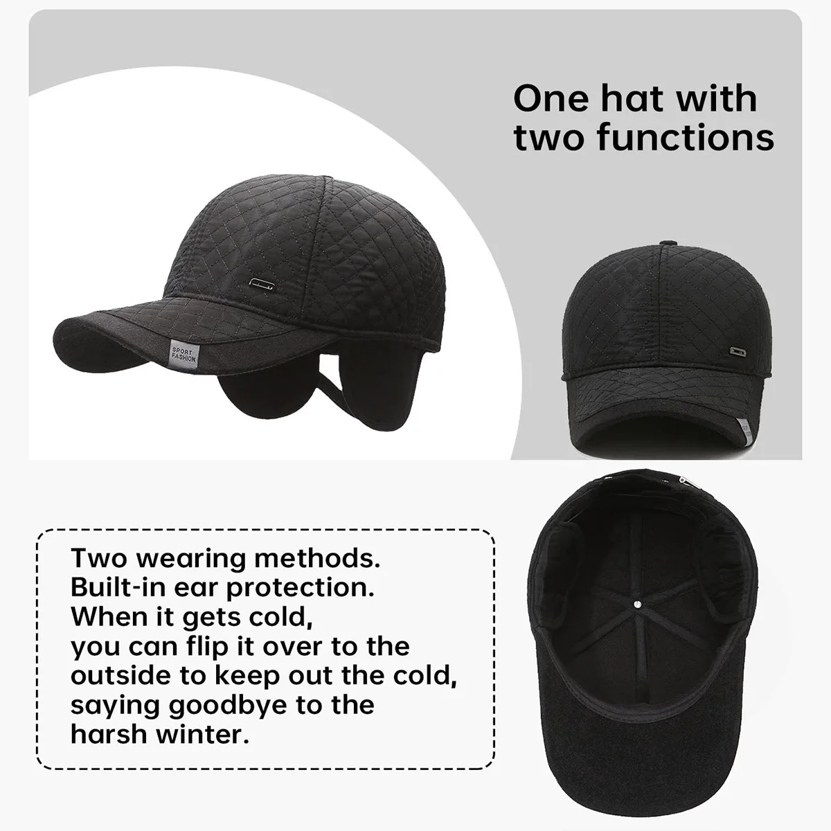 Men's Winter Hat with Fleece Lining, Ear Protection, Warm Baseball Cap, Casual Dad Hat, Cold-Proof Cotton Cap for Middle-Aged and Elderly People