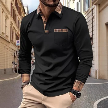 Polo da uomo a maniche lunghe patchwork scozzese elegante, vestibilità slim casual, colletto color block, versatile da indossare tutti i giorni.