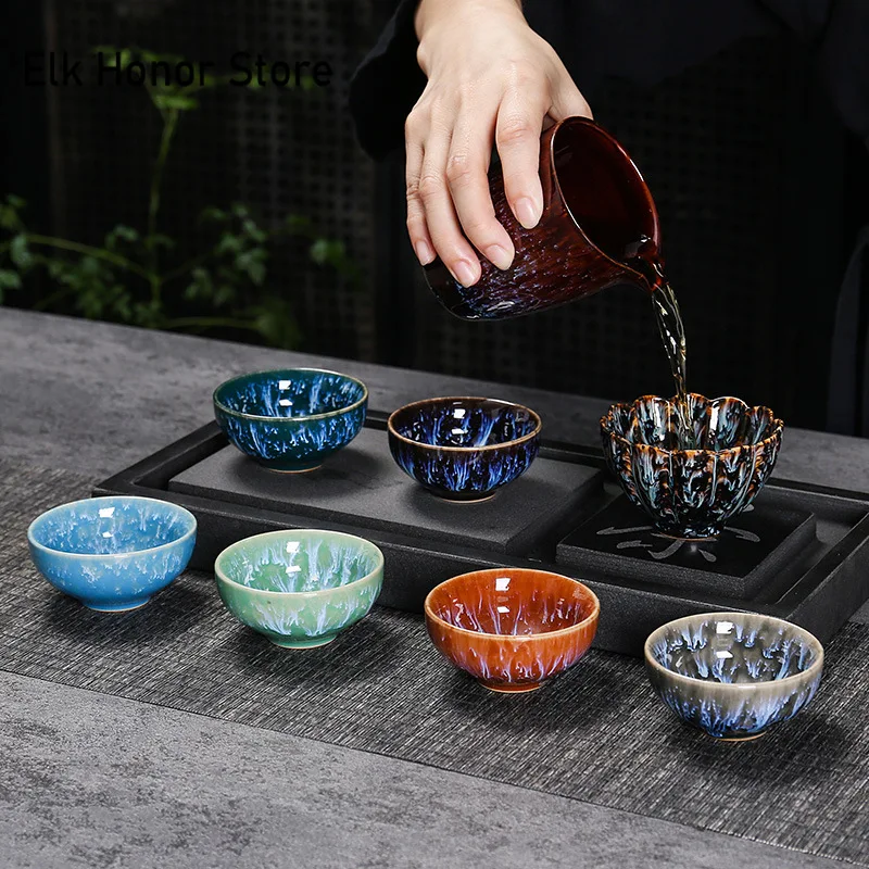 Tea Cup 45ml Household Ceramic Kiln Change Master Cup Tasting Satin Blue Water Tea Bowl Jianzhan Teahouse Cha Teaware