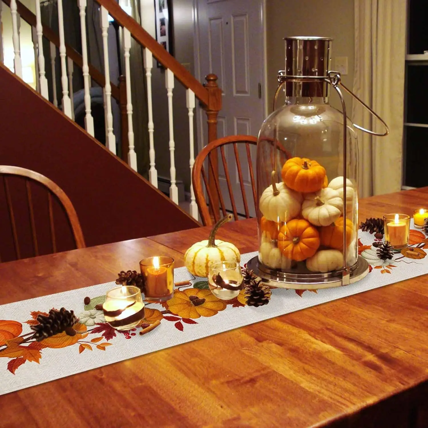 Description Picture 5 of itemThanksgiving Pumpkins Maple Leaves Linen Table Runner Dresser Scarves Farmhouse Kitchen Dining Table Runner Party Decorations
