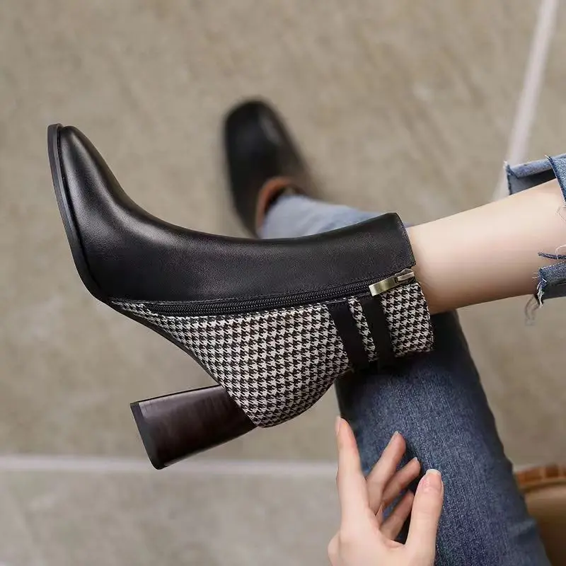 Winter Plush High Heels 2023 High Quality Women's Boots Fashion Square Toe Ladies Ankle Boots Elegant Dress Office Shoes Female