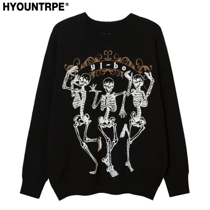 

Hip Hop Harajuku Skeleton Printed Knitted Sweater Unisex Pullover Streetwear Winter Casual Loose Sweater Warm Jumpers Knitwear