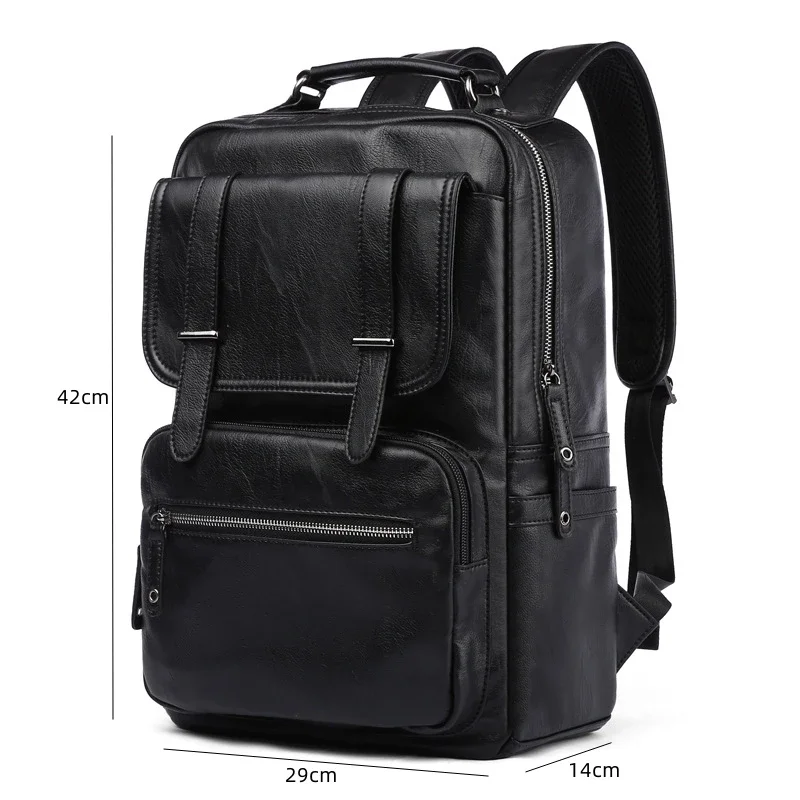 Simple Fashion Men's Backpack Soft Pu Leather Backpack Men Large Capacity 14inch Laptop Bag Students Schoolbags Travel Back Pack 3