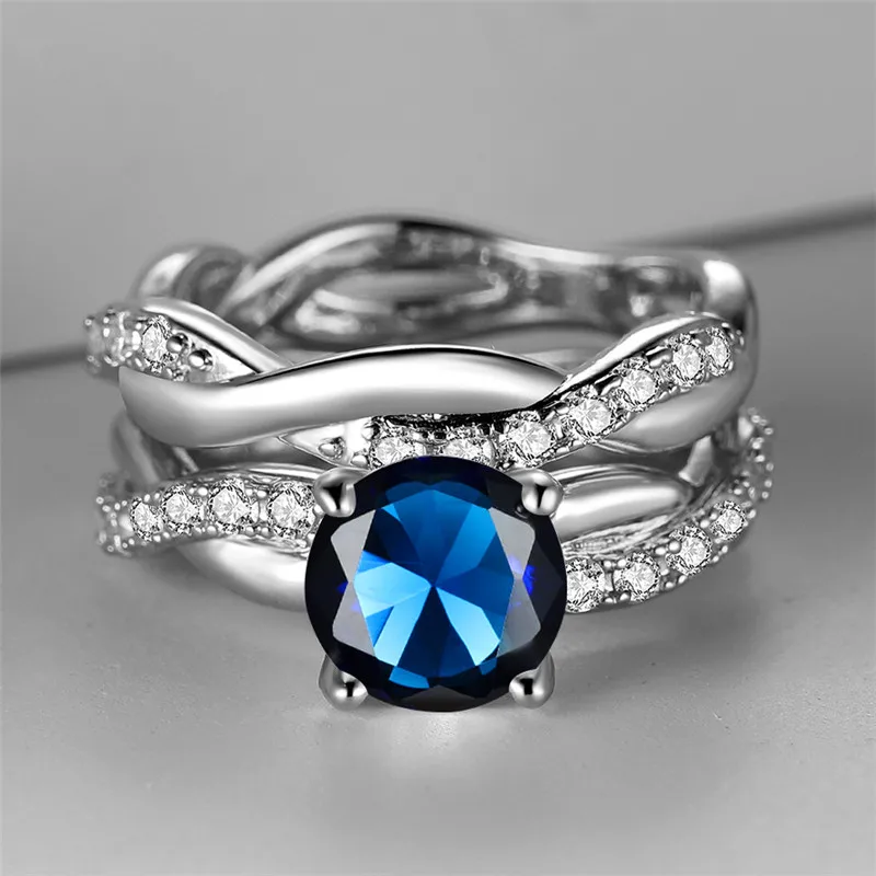 Female Crystal Blue Round Zircon Stone Engagement Ring Set Luxury Silver Color Wedding Jewelry For Women