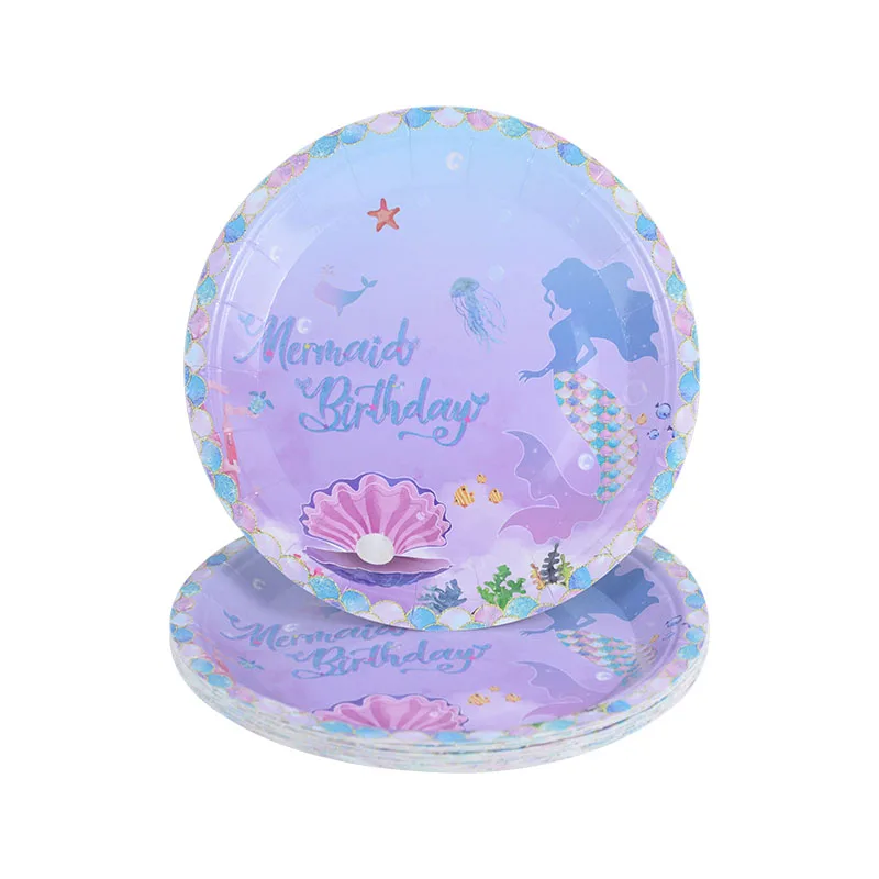 Mermaid Birthday Party Disposable Tableware Set Under The Sea Party Little Mermaid Girls 1st Birthday Decoration Shell Balloons