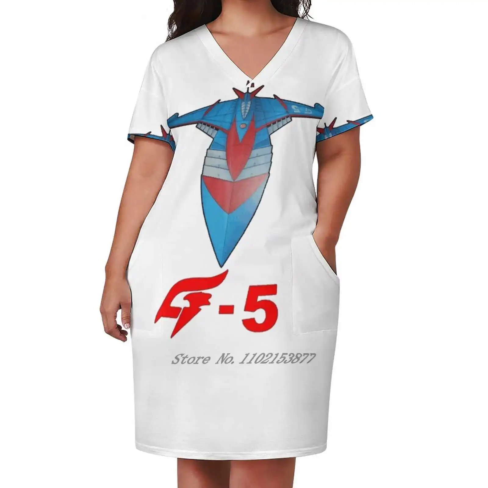 Battle Of The Planets & Gatchaman God Phoenix G - 5 Loose Pocket Dress Summer Sexy V Neck Dress Print Short Sleeve Dress Battle