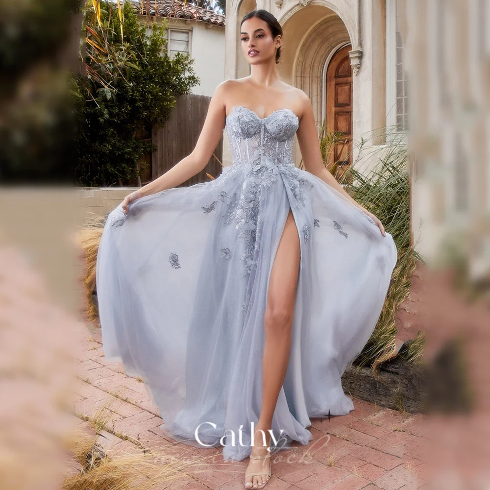 

Cathy Gorgeous فساتين السهرة Princess Side Split Prom Dress 2023 Grey A-line Party Dresses Princess Strapless Vestidos De Noche