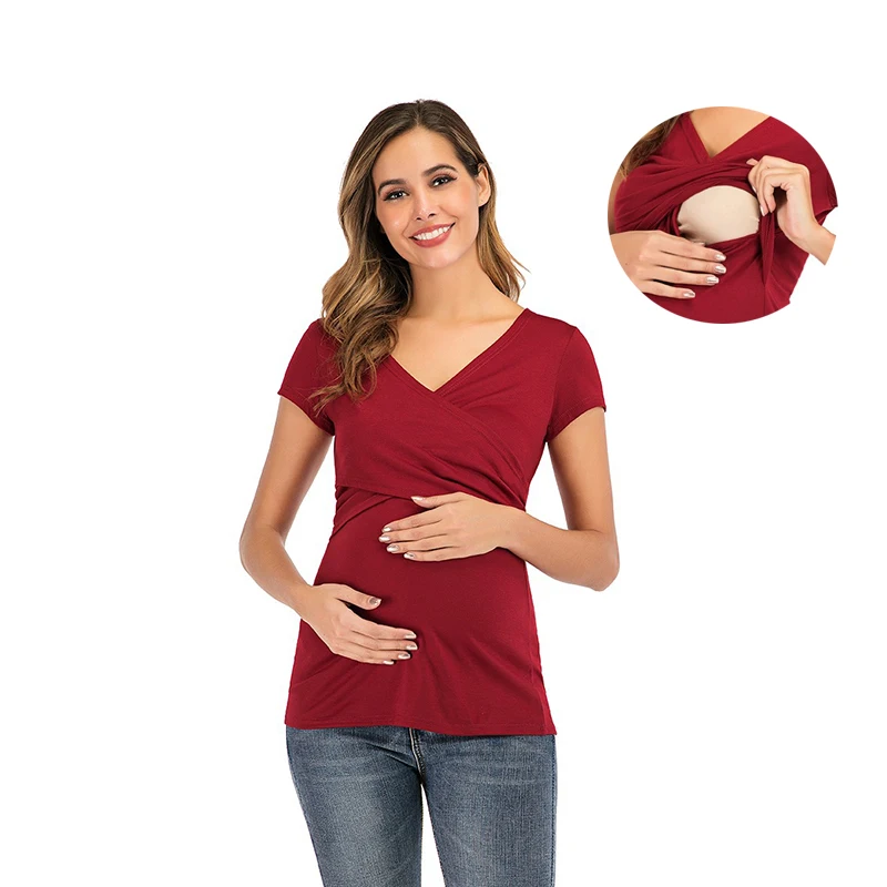 

Pregnancy Breastfeeding Shirt Maternity Nursing Tops V-neck Women's Casual Short Sleeve Solid Color Pregnant Top Summer S - XXL