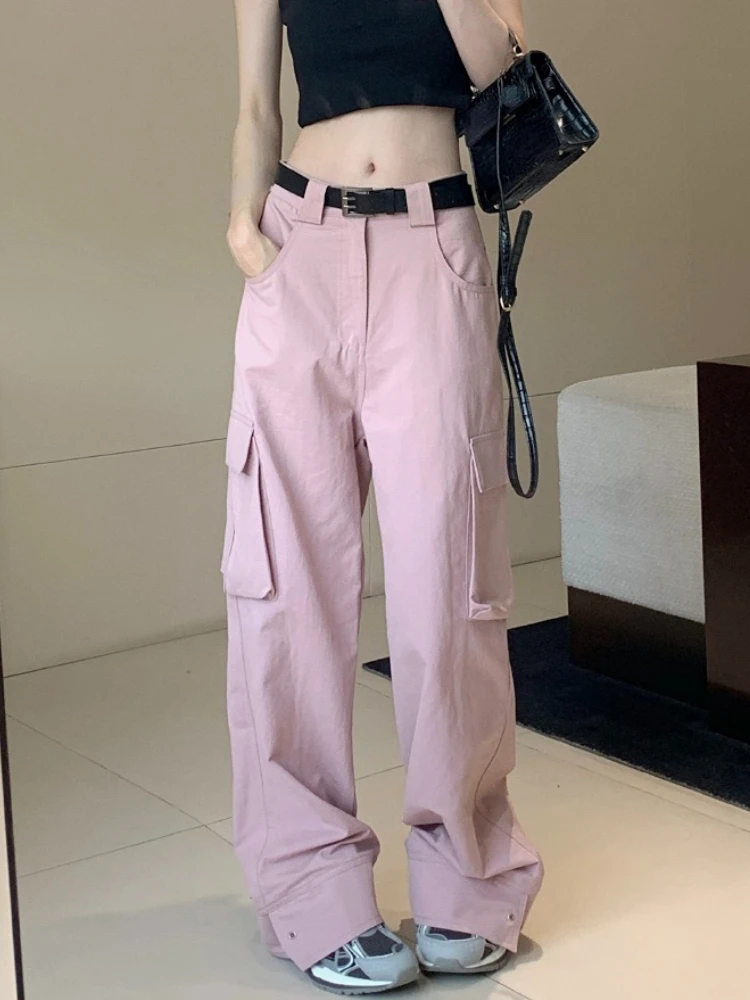 

Женские винтажные брюки-карго Y2k, розовые свободные штаны в стиле хип-хоп с карманами и высокой талией, модные брюки в Корейском стиле, новинка 2023