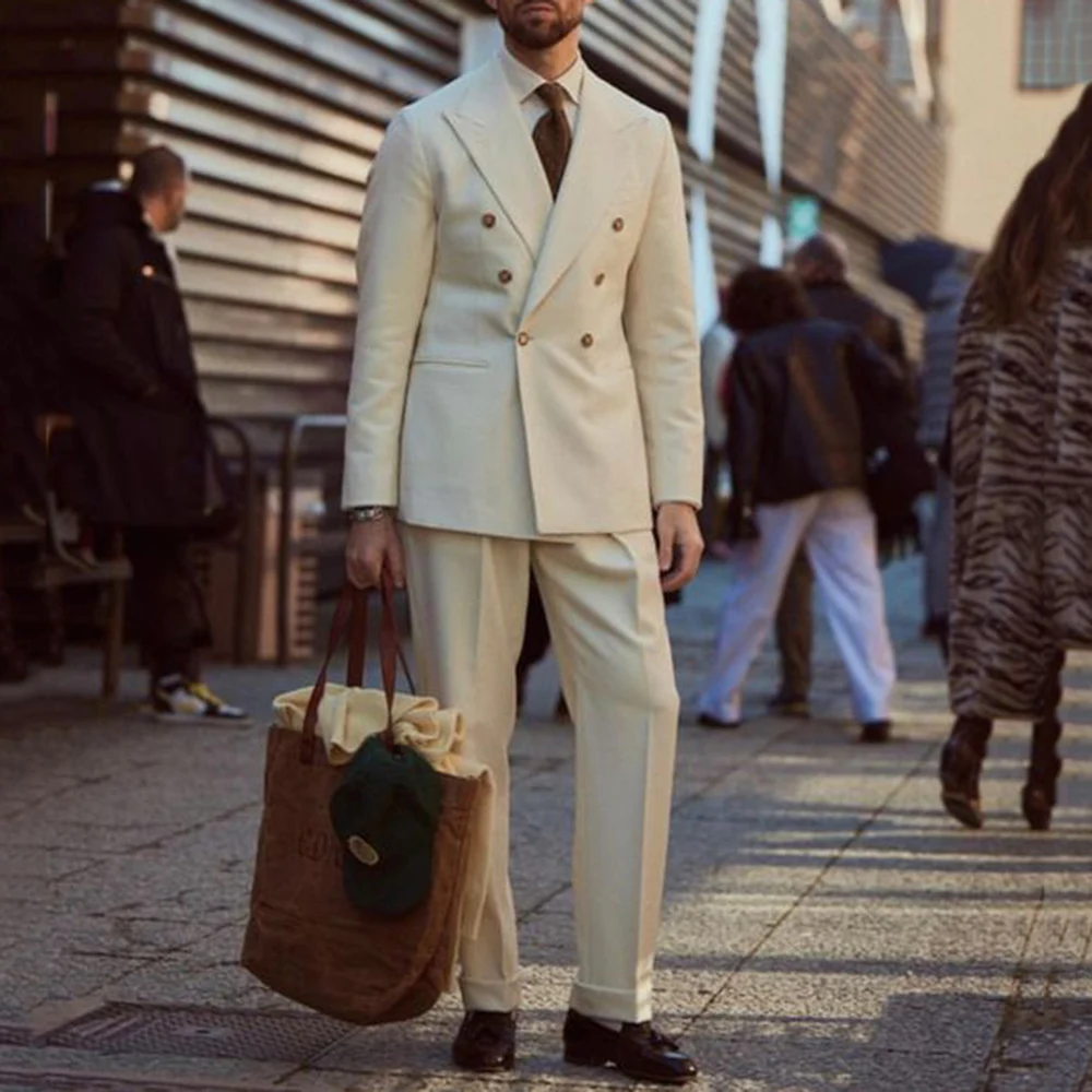 Fashion 2-Piece Men's Suit Slim Fit Single Button Solid Color Wedding Party Suit Ivory Formal Party Suit Set With High Quality