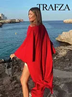 ترافزا-قميص ساتان أحمر غير متماثل للنساء ، قميص طويل غير رسمي ، نمط العطلة ، الموضة ، الرقبة الدائرية ، الخريف ، من TRAFZA 1