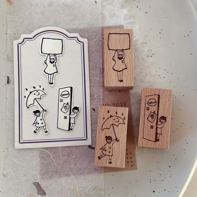 사랑스러운 손으로 만든 소녀 축구 고양이 나무 고무 스탬프 DIY 스크랩북 사진 앨범 카드 만들기 나무 도장