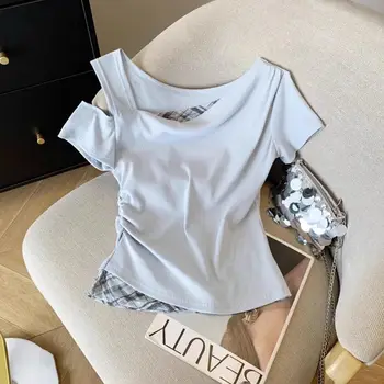 RAISE Summer Women Off Shoulder Fake Two Piece T-Shirt Slim Fit Color Block Splicing Tee for Ladys Spliced Plaid Women Pullovers 1
