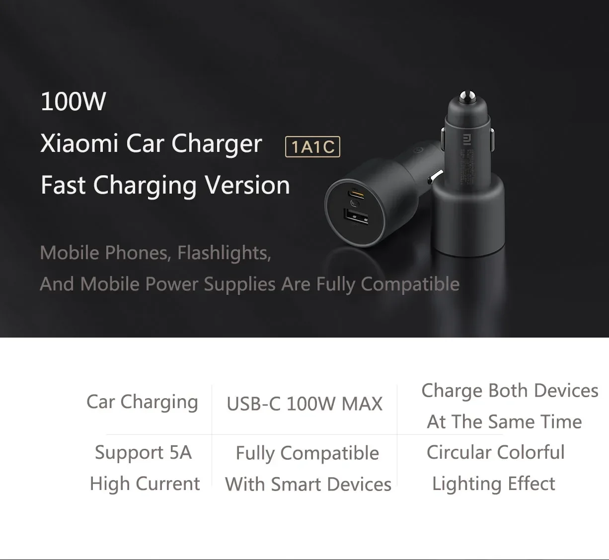Xiaomi 100W Dual Port Quick Charge Wireless Car Charger with LED Power Indicator