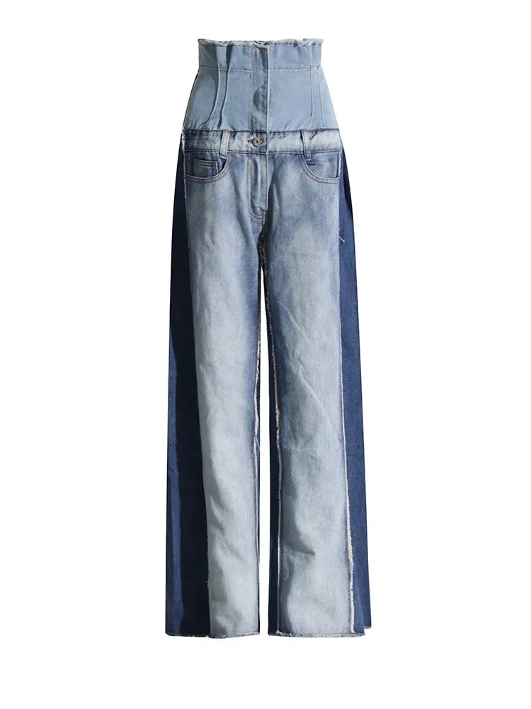 ECR Hit Color Patchwork Pocke Jeans For Women High Waist Spliced Raw Hem Loose Streetwear Wide Leg Denim Pants Female Fashion 