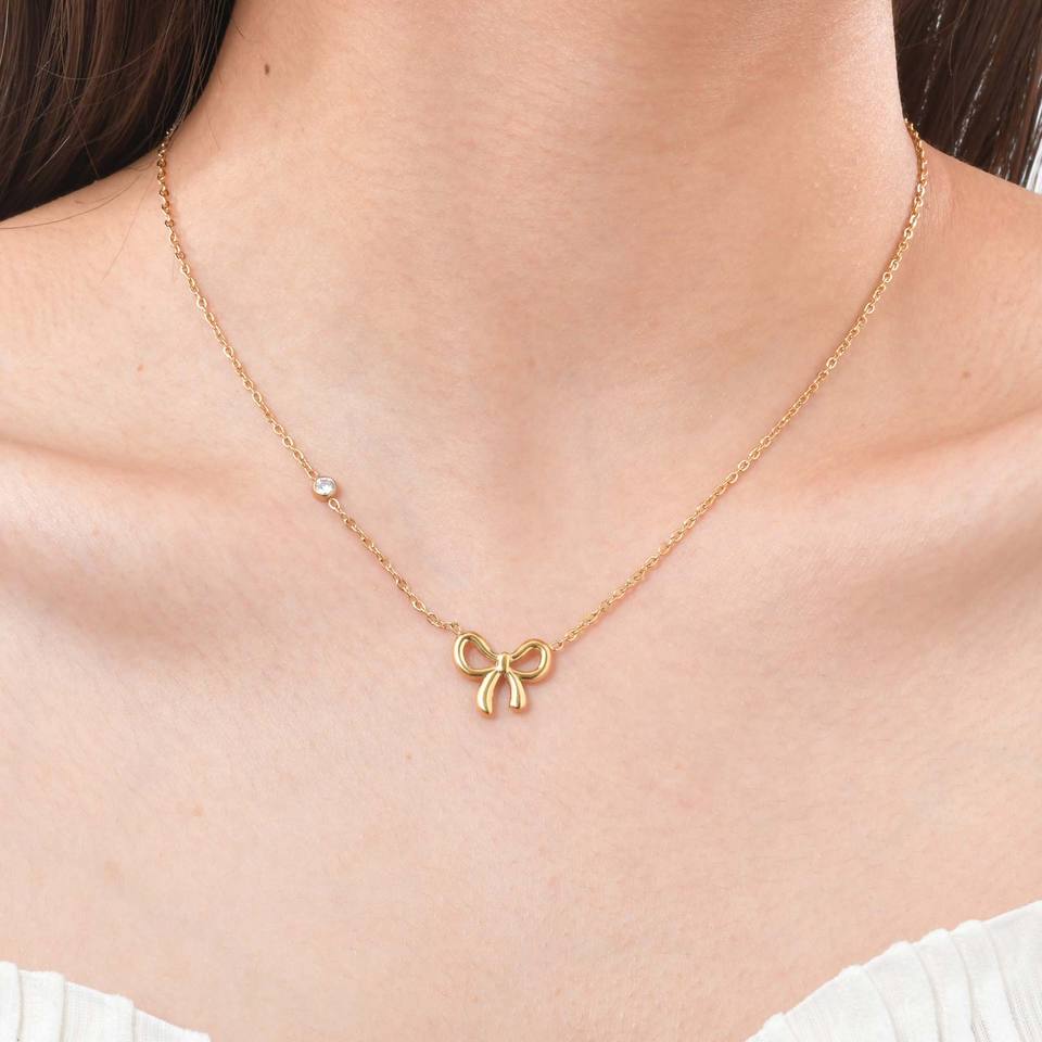 Exquisite Zircon Bowknot Cherry Necklace for Women,Gold Color Stainless Steel Flat Rolo Chain Necklaces,Chic Jewelry Gift