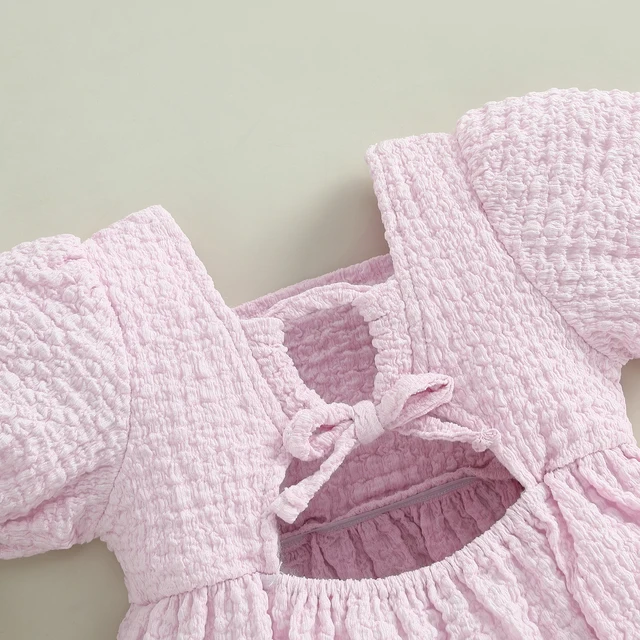 thumbnail image 2 of Infant Baby Girls Bubble Romper Plaid Short Puff Sleeve Bodysuit Smocked One Piece Clothes With Headband Set Summer Outfits 2 of 11