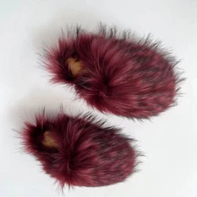  Outdoor Summer  Women Plush Flat Faux Raccoon  Fur Slides Shoe  Home Fashion Slippers 