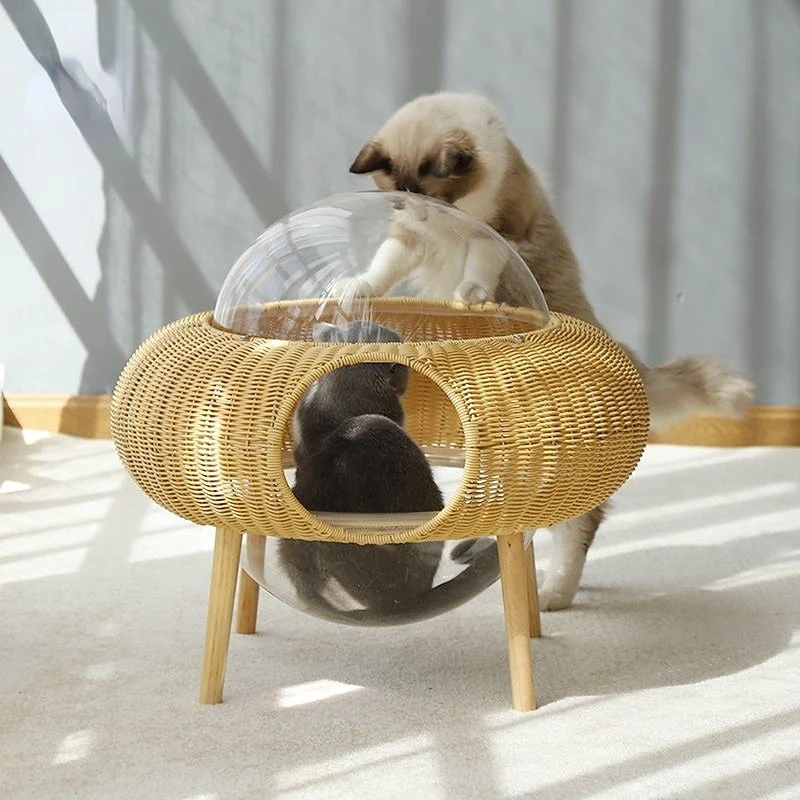 

Four Seasons Universal Straw Cat Basket Transparent Space Capsule Flying Saucer Rattan Cute Cat Nest Hand-woven Pet Cat Supplies