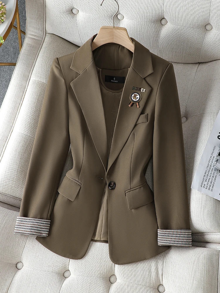 

Women Black Brown Khaki Casual Blazer Coat Spring Autumn Ladies Long Sleeve Single Button Solid Jacket Female