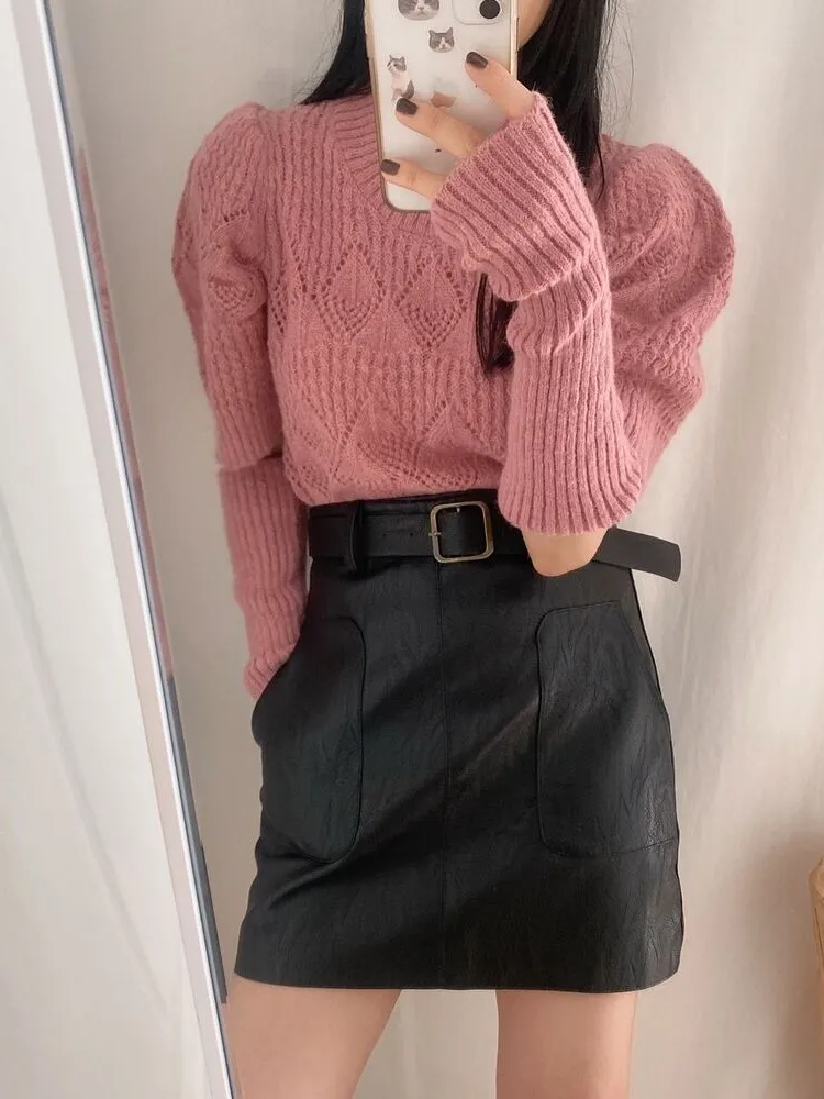 

4Colors 2023 Autumn Korean Chic Style Puff Knitted Sweater and pullover womens Sweet Girls Outwear Detachable Sleeve Tops(e1426)