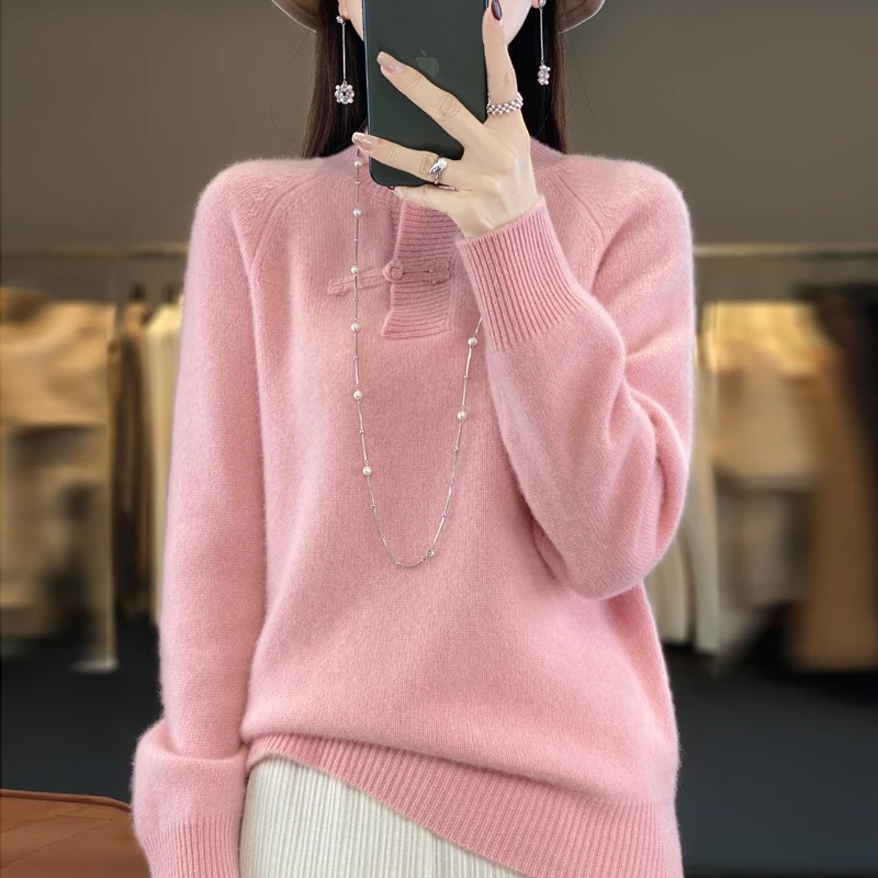 

Autumn and winter new 100% wool cashmere sweater retro buckle stand collar women's loose pullover knitted bottoming sweater